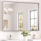 Keonjinn 48 x 36 In Brushed Nickel Bathroom Mirror, Rectangular Metal Framed Wall Vanity Mirror for Over Sink Square Corner Aluminum Alloy Modern Farmhouse Rectangle Silver Mirror(Horizontal/Vertical)