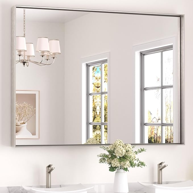 Keonjinn 48 x 36 In Brushed Nickel Bathroom Mirror, Rectangular Metal Framed Wall Vanity Mirror for Over Sink Square Corner Aluminum Alloy Modern Farmhouse Rectangle Silver Mirror(Horizontal/Vertical)
