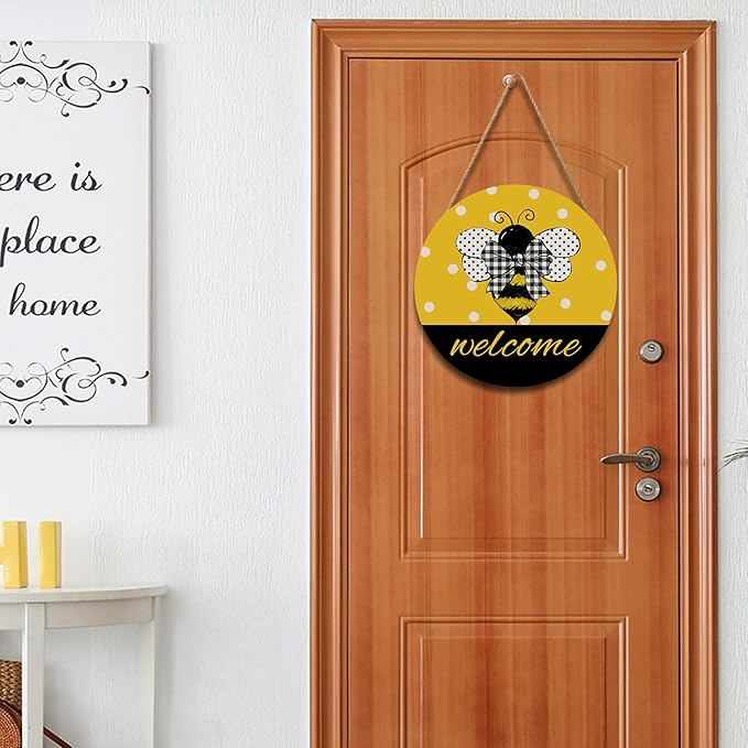 Bee Welcome Sign for Wreath Spring Summer Wooden Hanging Sign for Front Door Farmhouse Bumble Bee Decor Summer Door Hanger for Home Bedroom Living Room Indoor Outdoor Decorations 12"x12"
