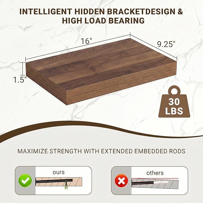 Acovy 16 Inch Floating Shelves, 16"x9.25"x1.5" Inch Deep Floating Shelves for Wall, Wooden Shelves for Bathroom, Bedroom, Living Room, Walnut, 2 Pieces