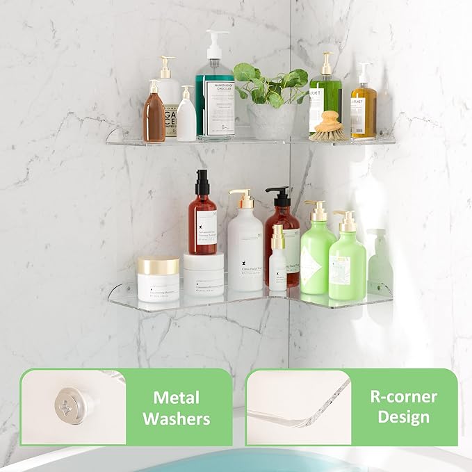 Sezanrpt 11.4x16 Inch Acrylic Corner Floating Shelf Set of 2, White Corner Wall Shelf for Home Décor, Speakers, Security Cameras, Toileries, Plants, Figures, Cosmetics, Books