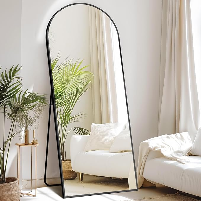 DUMOS 65"x24" Arched Full Length Mirror with Stand, Floor Standing Aluminum Frame, Shatter-Proof Nano Glass for Bedroom, Living Room, Cloakroom – Modern Simple Home Decor,Hanging or Leaning,Black