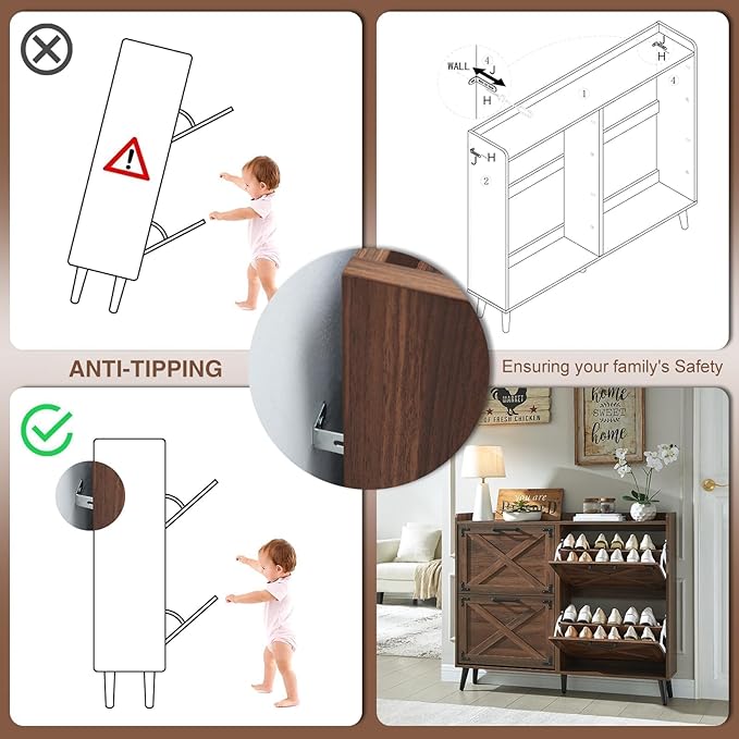 Shoe Storage Cabinet,Farmhouse Shoe Organizer with 4 Flip Drawers & Barn Door Design,Hidden Slim Narrow Shoe Rack Cabinet for Entryway,Foyer,Hallway,Walnut