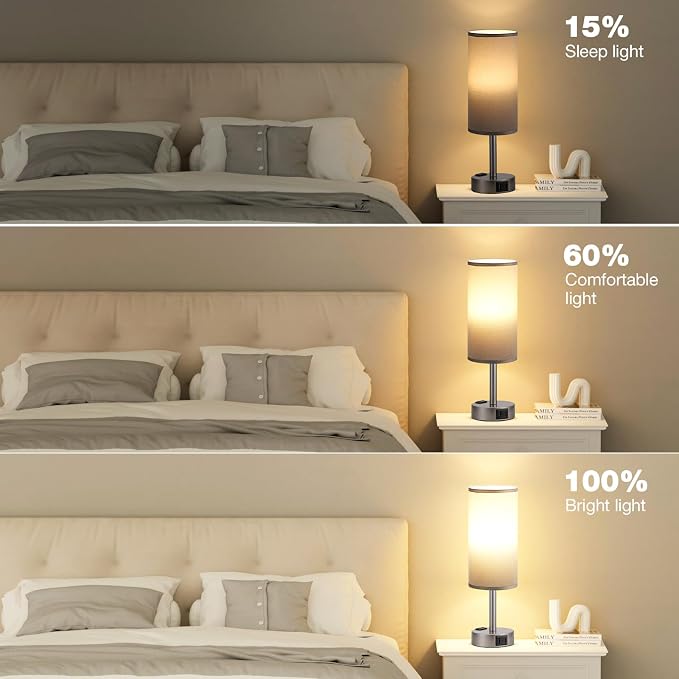 Fenmzee Grey Bedside Table Lamp for Bedroom - 3 Way Dimmable Touch Lamp USB C Charging Ports and AC Outlet, Small Lamp for Living Room, Desk, LED Bulb Included