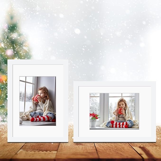 Egofine A4 Picture Frames Set of 4, Made of Solid Wood Covered by Plexiglass 5x7 and 6x8 with Mat or A4 whitout Mat, for Table Top Display and Wall Mounting Photo Frame White