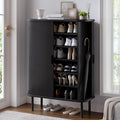 ONBRILL 6-Tier Shoe Cabinet with Sliding Door, Wooden Shoe Storage Cabinet with Adjustable Shelves, Mid-Century Modern Freestanding Shoe Storage Organizer for Entryway, Hallway, Living Room, Black