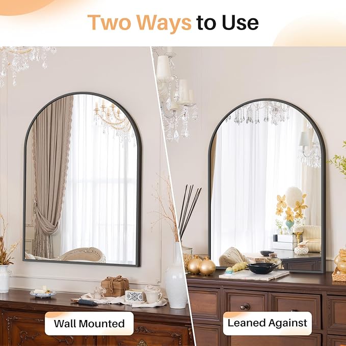 Bathroom Mirror for Wall, 30x20 Inch Arched Mirror, Matte Black Metal Framed Bathroom Vanity Mirror for Restroom Farmhouse, Anti-Rust, Tempered Glass, Hanging or Leaning