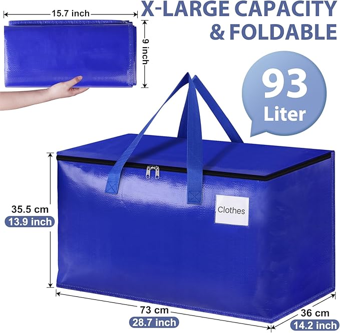StorageRight Heavy Duty Moving Boxes-Moving Bags with Zipper, Reinforced Handles and Tag Pocket-Collapsible Moving Supplies-Totes for Storage Great for moving, Storage and Travel 93L(Blue-4 Pack)