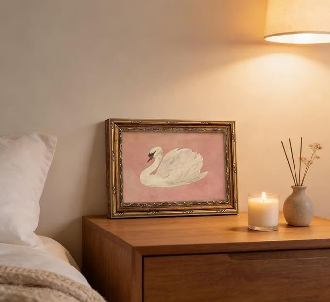 Vintage Gold Framed Wall Art Retro White Swan Cottagecore Canvas Print Neutral Moody Bird Painting Picture Rustic Farmhouse Pink Antique Swan Poster Artwork for Living Room Bedroom