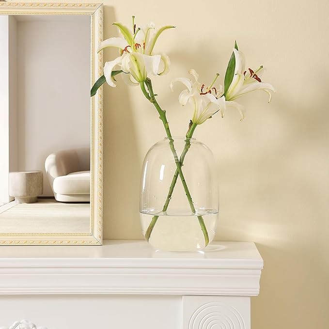 Large Glass Vase, 10 Inches Tall Glass Vases, Clear Glass Vase for Flower, Modern Round Vases for Living Room, Dining Table, Mantle, Shelf, Wedding, Office, Entryway