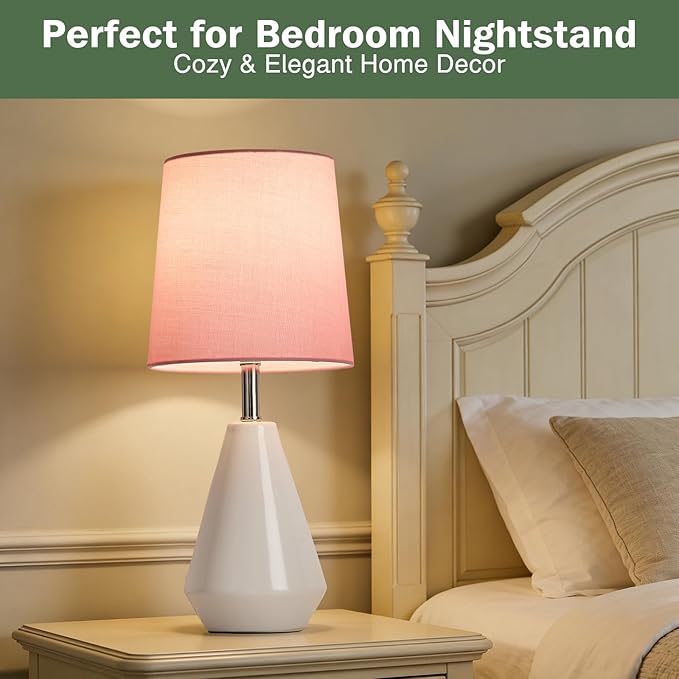 Small Bedside Table Lamp for Bedroom - Reading Desk Lamp with 3 Color Temperatures，15.5" Nightstand Ceramic Lamp with Fabric Shade for Kids Room,Living Room,Dorm,Home Office (White+Pink