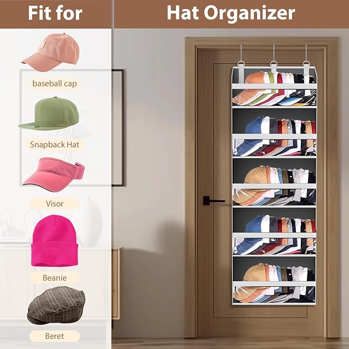 Over the Door Hat Organizer for Baseball Caps, Hold up to 60 Hats Rack Storage for Door/Closet/Wall, Clear Pockets Hanging Hat Holder for Baseball Caps with 10 Mesh Pockets, Grey