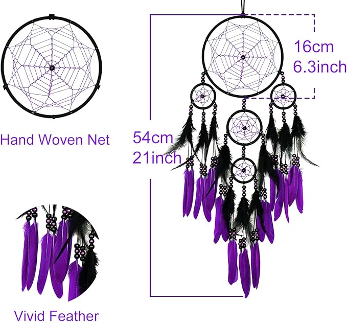 Purple and Black Dream Catcher Large Dream Catchers Wall Decor Handmade Feather Dreamcatcher Wall Hanging Ornament for Bedroom Living Room Home Decor