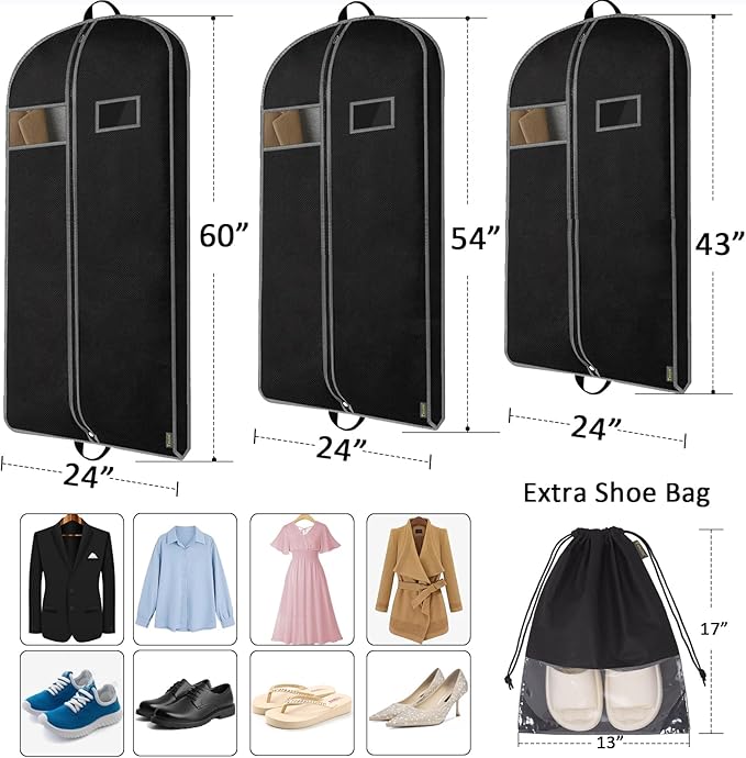 BALEINE 1PK Heavy Duty Garment Bag with Shoe Storage Travel Bag for Dresses, Suit, Coats Travel Essential (43", Black) (Pack of 2)
