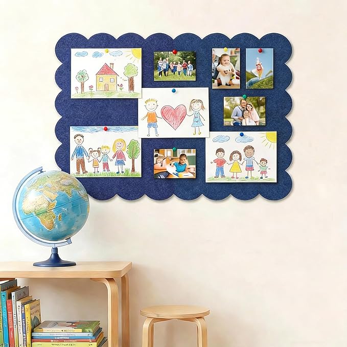 Foldable Decorative Scalloped Felt Bulletin Board 24 * 16 Inches for Wall, Alternative Photo Board Self-Adhesive Vision Board Decorative Pin Board for Wall (Dark Blue)