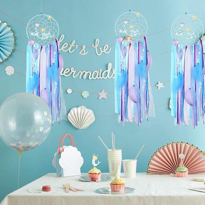 OurWarm Mermaid Dream Catcher for Girls Room Wall Decor, Big Handmade Blue Dreamcatcher with Colorful Feathers for Kids Bedroom Hanging Decor, Under The Sea Mermaid Birthday Baby Shower Party Supplies