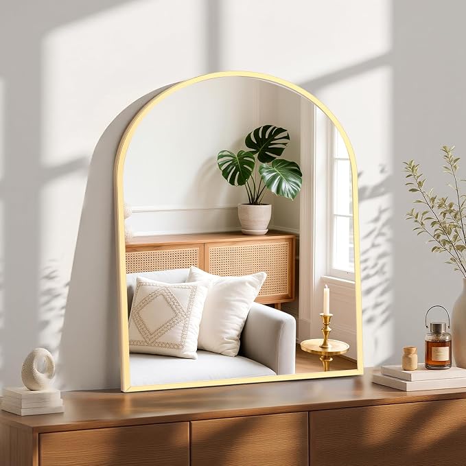 Sweetcrispy 31"x32" Arched Gold Bathroom Mirrors for Wall, Bathroom Mirrors for Over Sink, Metal Framed with HD Shatter-Proof Glass for Entryway, Living Room, Bedroom