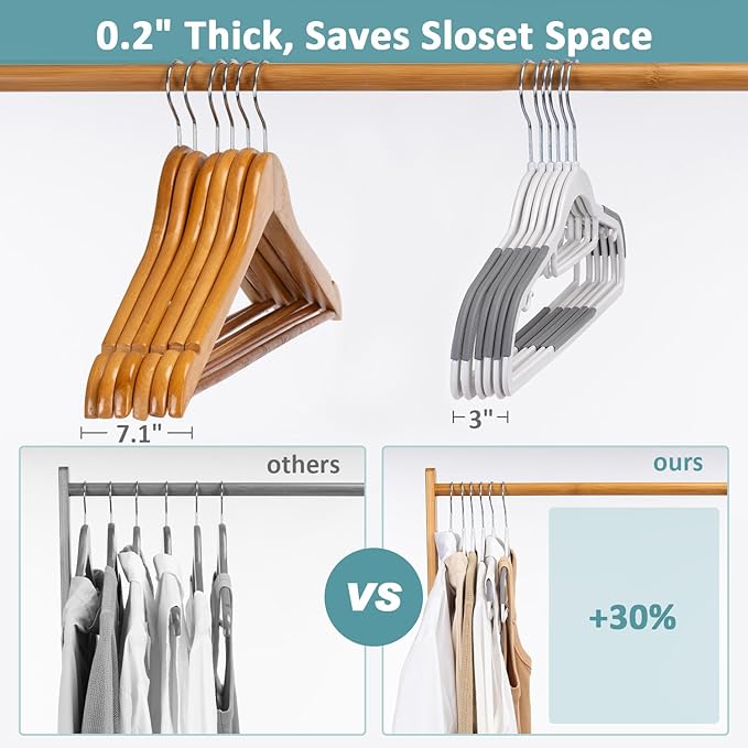 50-Pack Coat Hangers, Space Saving Plastic Clothes Hangers, Non-Slip, 0.2 Inches Slim, 16.53 Inches Wide, 360° Swivel Silver Hook for Shirts, Pants & Wet/Dry Garments, White and Dark Gray