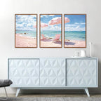 KAlRNE Summer Pink Beach Framed Canvas Wall Art Set of 3(24”X36”),Seascape Coastal Surfing Wall Decor,Modern Nature Ocean Art Prints For Living Room Bedroom Office