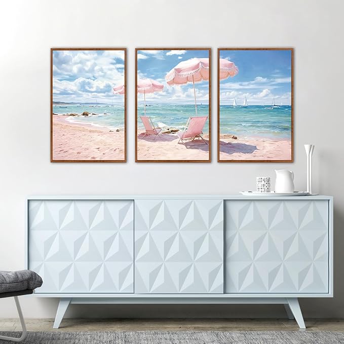 KAlRNE Summer Pink Beach Framed Canvas Wall Art Set of 3(24”X36”),Seascape Coastal Surfing Wall Decor,Modern Nature Ocean Art Prints For Living Room Bedroom Office