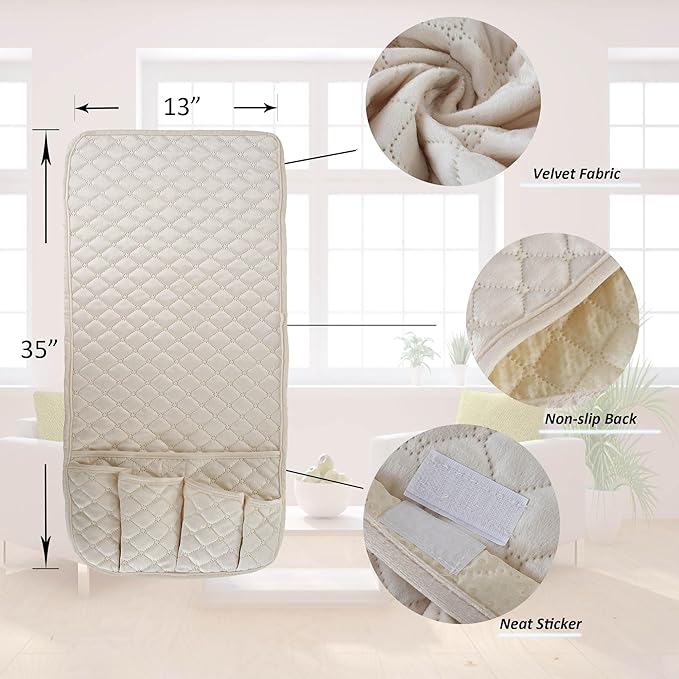 Velvet Armchair Caddy for Couch Remote Control Holder Non-slip Sofa Armset Organizer Caddy Storage for Recliner Couch 5 Pocket for Magazine 35"x13" Ivory 1 Piece