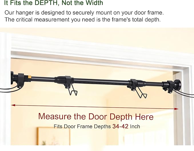 Adjustable Over-The-Door Garland Hanger, Heavy Duty Wreath Hanger for Front Door, No Nails or Screws Damage-Free, Fits Standard Door Frame Depths 34-42 Inch, Black