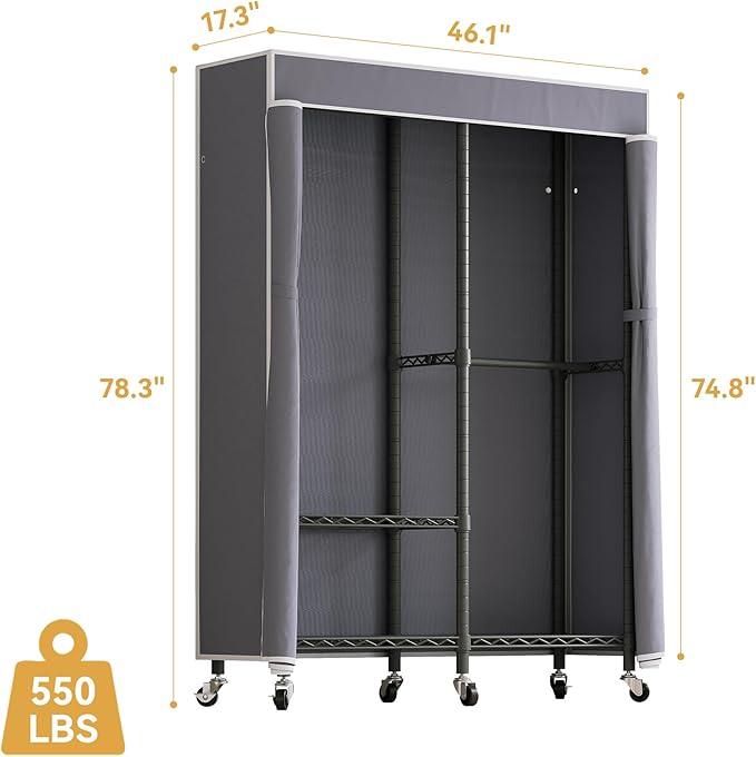 H9 Heavy Duty Rolling Clothes Rack with Cover, Covered Garment Rack with Wheels and Shelves, Wardrobe Closet, Portable Closet for Hanging Clothes, Black Clothing Rack with Grey Cover
