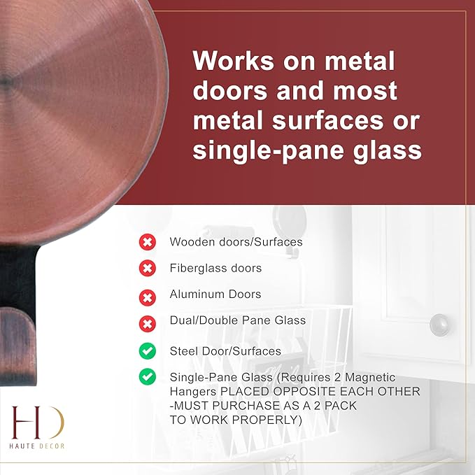 Haute Decor Attract Magnetic Wreath Hanger (Copper) - Set of 2 Magnets - for 2 Metal Doors/Surfaces or 1 Single-Pane Glass Door/Window - Holds up to 10 lbs.