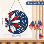 4th of July Decorations Memorial Day Door Sign 12x12 Inch American Patriotic Wood Door Hanger Independence Day Wreath Red White Blue Flower Welcome Hanging Sign for Front Porch Farmhouse Decorations