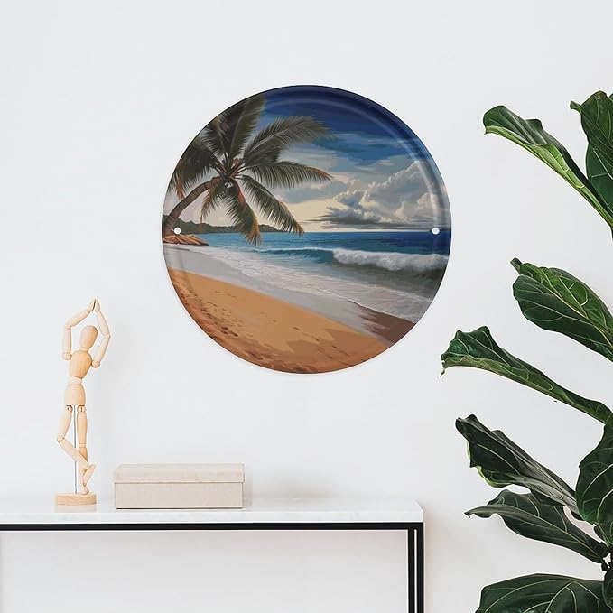 Wall Picture, with Coconut Palm Tree Sandy Beach Printed Circular Iron Hanging Picture,Wall Art Decor,Home for Bedroom Living Room Bathroom Decor,Iron Painting 11.8X11.8 in