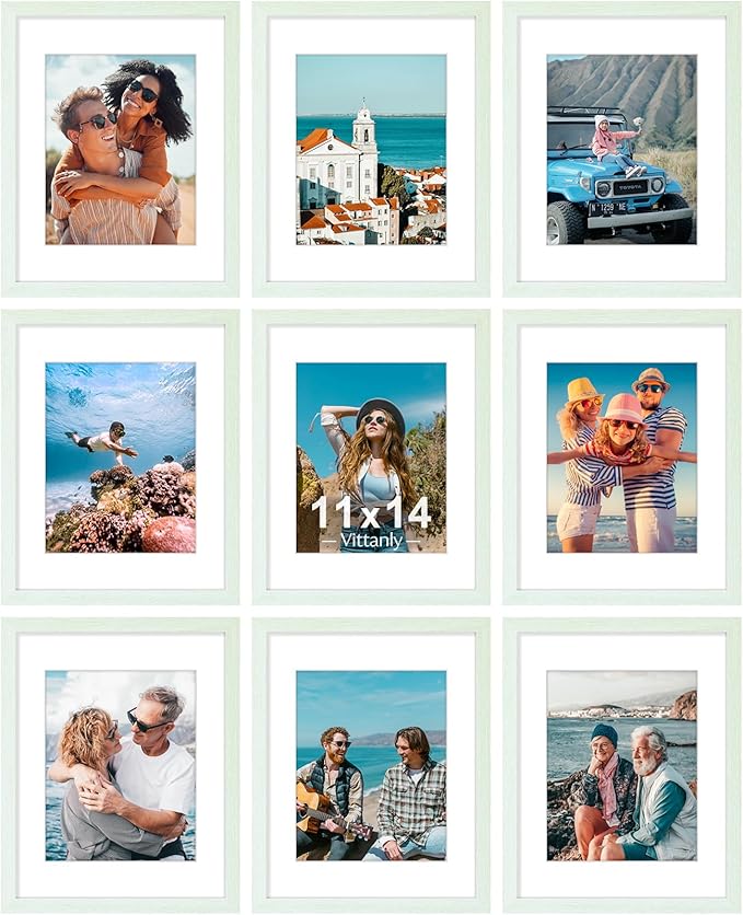 Vittanly 11x14 Picture Frames Set of 9, Shatter Resistant Plexiglass, Display 8x10 Pictures with Mat or 11x14 without Mat, Photo Frames for Wall or Tabletop, Engineered Wood, Vintage Green