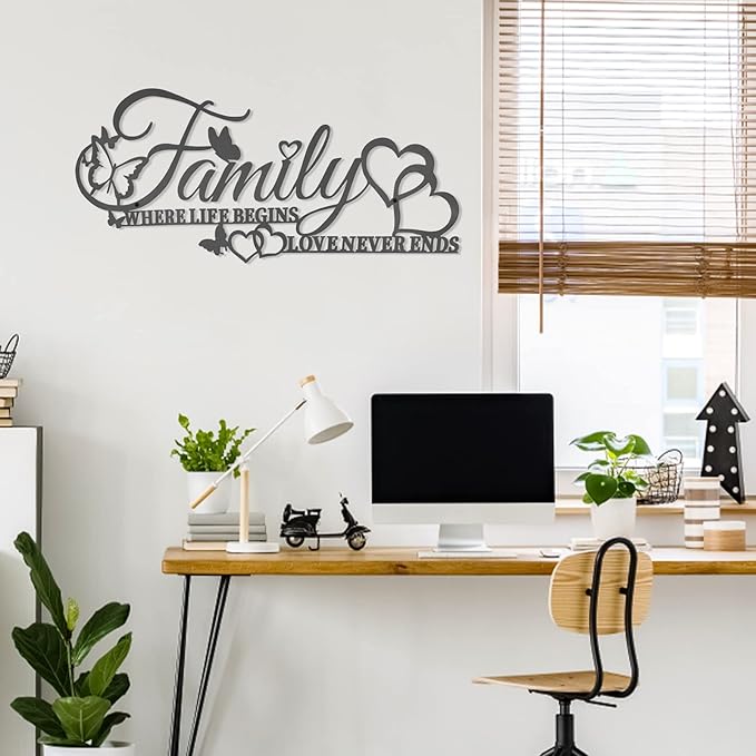 Family Where Life Begins Love Never Ends Word Wall Art Decor, Black Family Metal Wall Sign with Butterflies Heart, Iron Letters Hanging Sculpture for Kitchen Living Room Decoration (A)