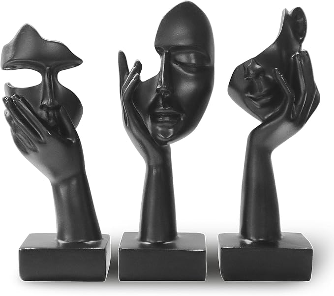 aboxoo 3 Pcs Thinker Statue, No Hear No See No Speak Modern Resin Sculptures Decor, Silence is Gold Abstract Art Figurines for Living Room, Home, Office Study (Black)