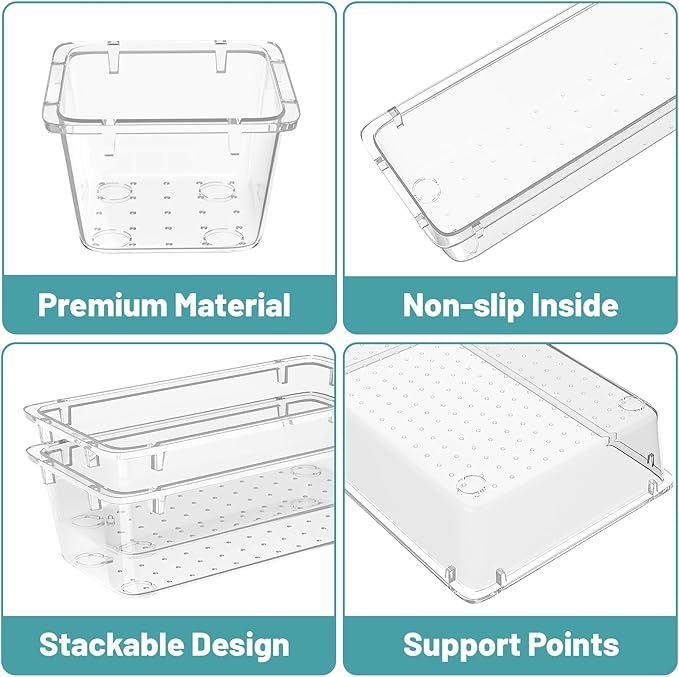 WOWBOX 8 PCS Clear Plastic Drawer Organizer Set, 4 Sizes Desk Drawer Organization and Storage Containers for Makeup, Cosmetics, Jewelry and Gadgets in Kitchen, Bathroom, Bedroom, Office, Clear