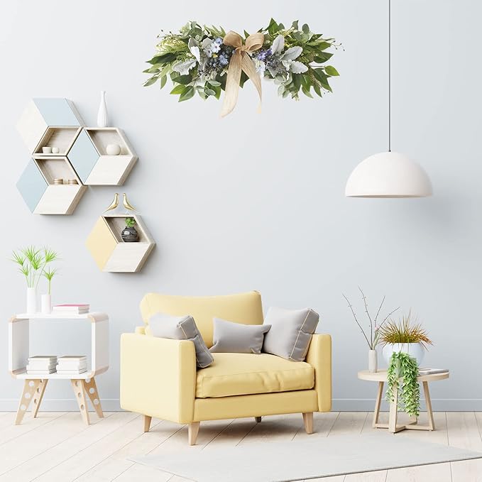 Floral Swag, Artificial Front Door Wreath Eucalyptus Leaves Garland, Artificial Mixed Eucalyptus Leaves Swag, Greenery Swag with Daisy Flower for Home Wall Wedding Party Decoration(#1)