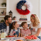 TEMPUS 30 Inch Patriotic Wreath for Front Door, Artificial Pampas Grass Reeds Wreath with Red White Blue Berries and Metal Stars, 4th of July Memorial Day Decor