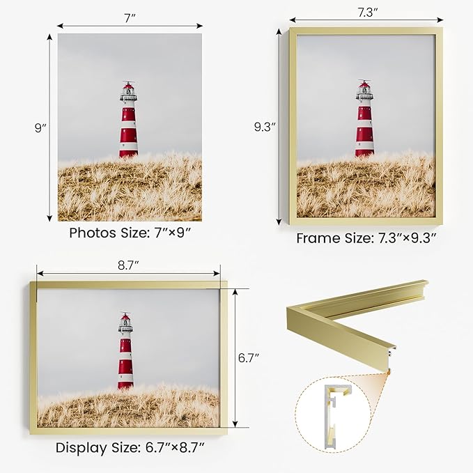 7x9 Aluminum Metal Picture Frame,Tempered Glass Gold Photo Frame 7x9 for Family Photo,Posters,Art,Document to Wall Mount Horizontally or Vertically
