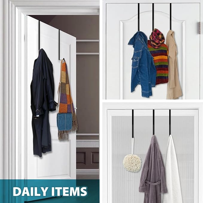 Booda Brand Over The Door Hooks 14”, 4 Pack Upgraded Widen Hanger Hook Fits 1-3/4” & 1-3/8”Door Widths, Z-Shaped Wreath Sturdy for Hanging Wreaths, Hats, and Clothes (Black)