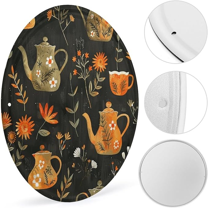 Wall Picture, with Plants and Teapot Printed Circular Iron Hanging Picture,Wall Art Decor,Home for Bedroom Living Room Bathroom Decor,Iron Painting 11.8X11.8 in