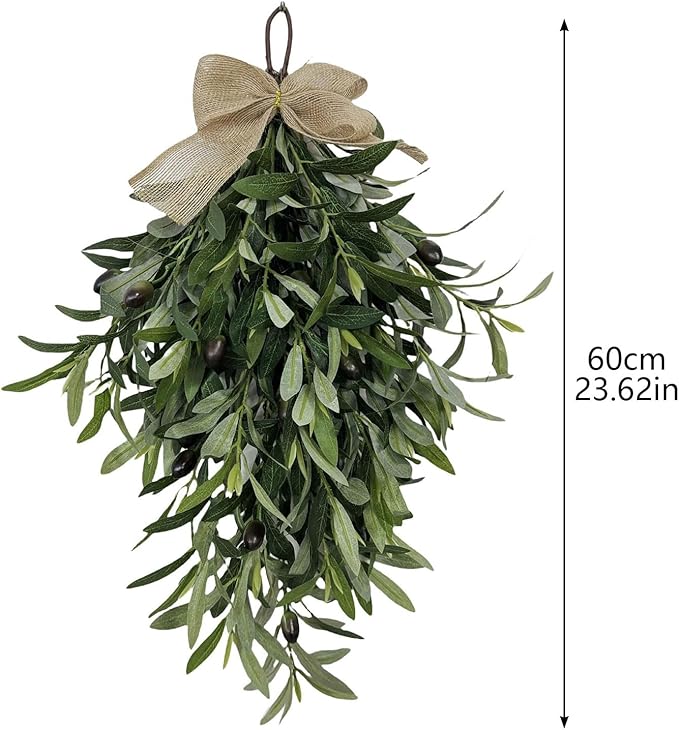 belupai Artificial Olive Teardrop Swag,23.6in Fake Green Olive Wreath Pendant with Burlap Bow and Olive Fruits,Spring Summer Front Door Decorative Swag for Home Porch Holiday Decor