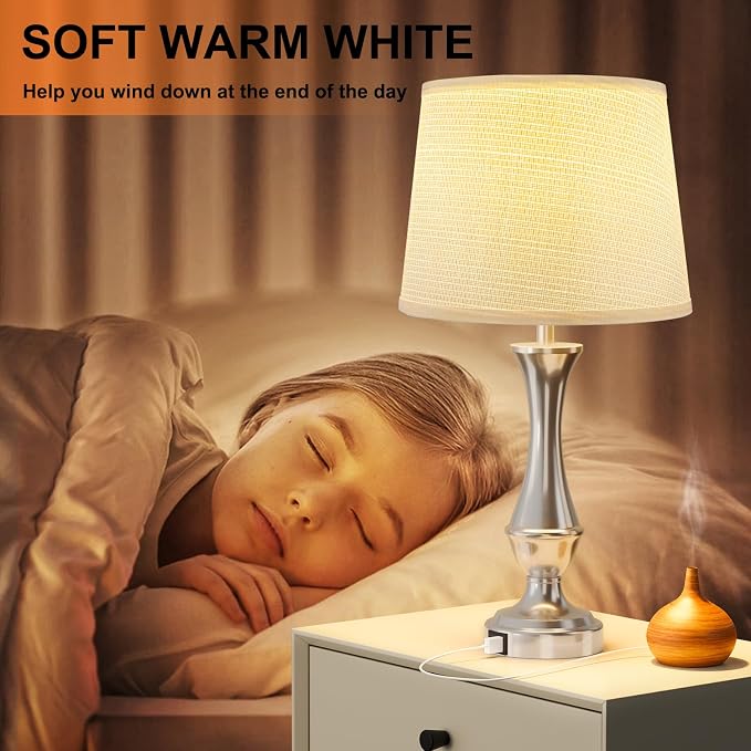 Seealle Upgraded Touch Lamps for Night Stands Set of 2 - Bedside Lamps with USB C+A, 3 Way Dimmable for Bedroom Living Room End Tables Office (Weaving White&Silver)