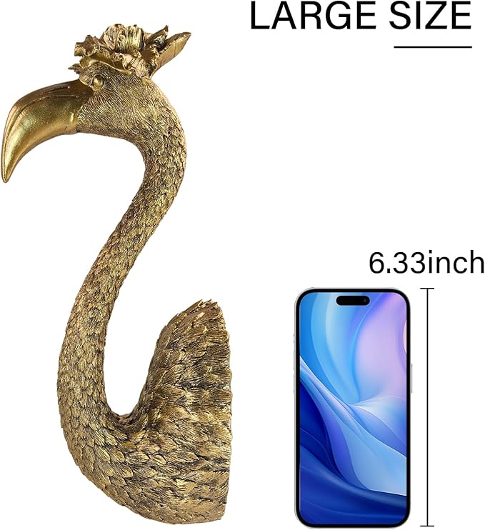 GUSFREUD Vintage Animal Head Wall Decor - 13" Resin Flamingo Wall Art For Home Decor, Gold Bird Wall Sculptures for Living Room, Bedroom, Kitchen, Unique Gift Idea