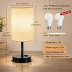 ZJOJO Table Lamp for Bedroom Set of 2, Bedside Small Lamps with 3 Way Dimmable Rocker Switch and AC Outlet, Nightstand Desk Lamp with Flaxen Fabric Shade Black Base for Living Room Home Decor Lights
