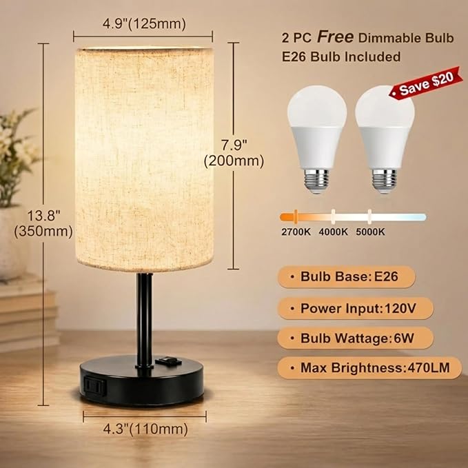 ZJOJO Table Lamp for Bedroom Set of 2, Bedside Small Lamps with 3 Way Dimmable Rocker Switch and AC Outlet, Nightstand Desk Lamp with Flaxen Fabric Shade Black Base for Living Room Home Decor Lights