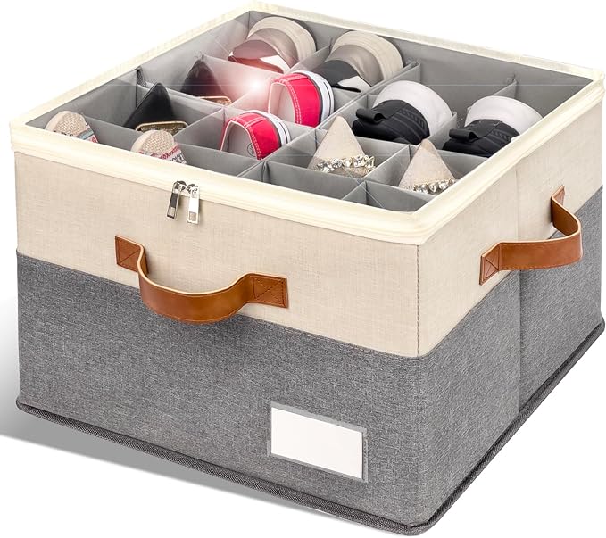 Shoe Organizer for Closet, Foldable Shoe Storage Bins with Clear Cover, Space Saving Shoes Holder with 4 Handles, Large Adjustable Shoe Box Storage Containers, Fits 8-16 Pairs, 1 Pack, Beige