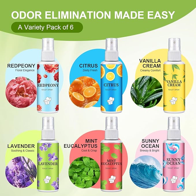 6 Pack Toilet Spray, 6-Scent Bathroom Spray, Freshener Deodorizer for Home, Bathroom Odor Eliminator with Essential Oil, Up to 400 Uses, Travel Essentials Portable Air Freshener (Each 1.01Fl Oz)