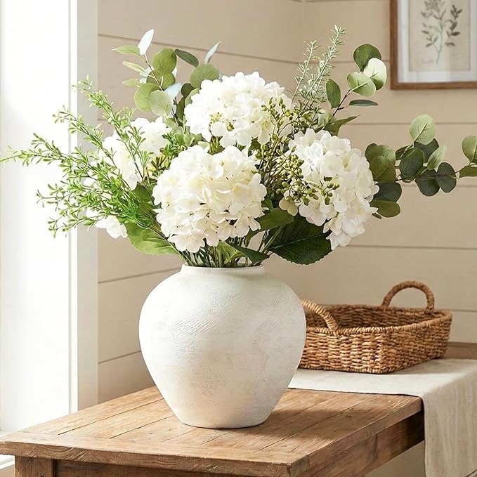 Large White Vase for Centerpieces - 11" Wide Textured Stone Look Metal Flower Vase for Table Decor - Rustic Farmhouse Vases for Living Room Dining Room Home Decor