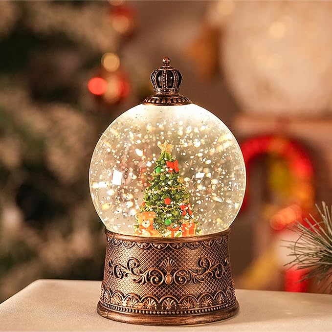 Snow Globe Christmas, Lighted Christmas Snow Globes with Timer, Swirling Musical Glittering Snowglobe Lantern for Decorations(Bear Gifts)