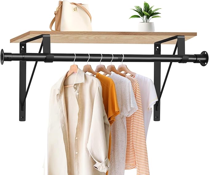 Closet Rod, 16 to 51 Inch Closet Rods Heavy Duty Adjustable Wardrobe Poles for Hanging Clothes and Heavy Duty Bracket Closet Pole Support (The Shelf NOT Included)(Black)