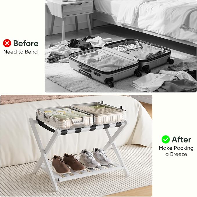 2 Packs Fully Assembled Luggage Racks with Shoe Shelf, Suitcase Stand with Fold & Lock System, Bamboo Luggage Stand Ideal for Guest Room, Bedroom, Hotel, White